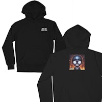 a black hoodie with an image of an alien on it